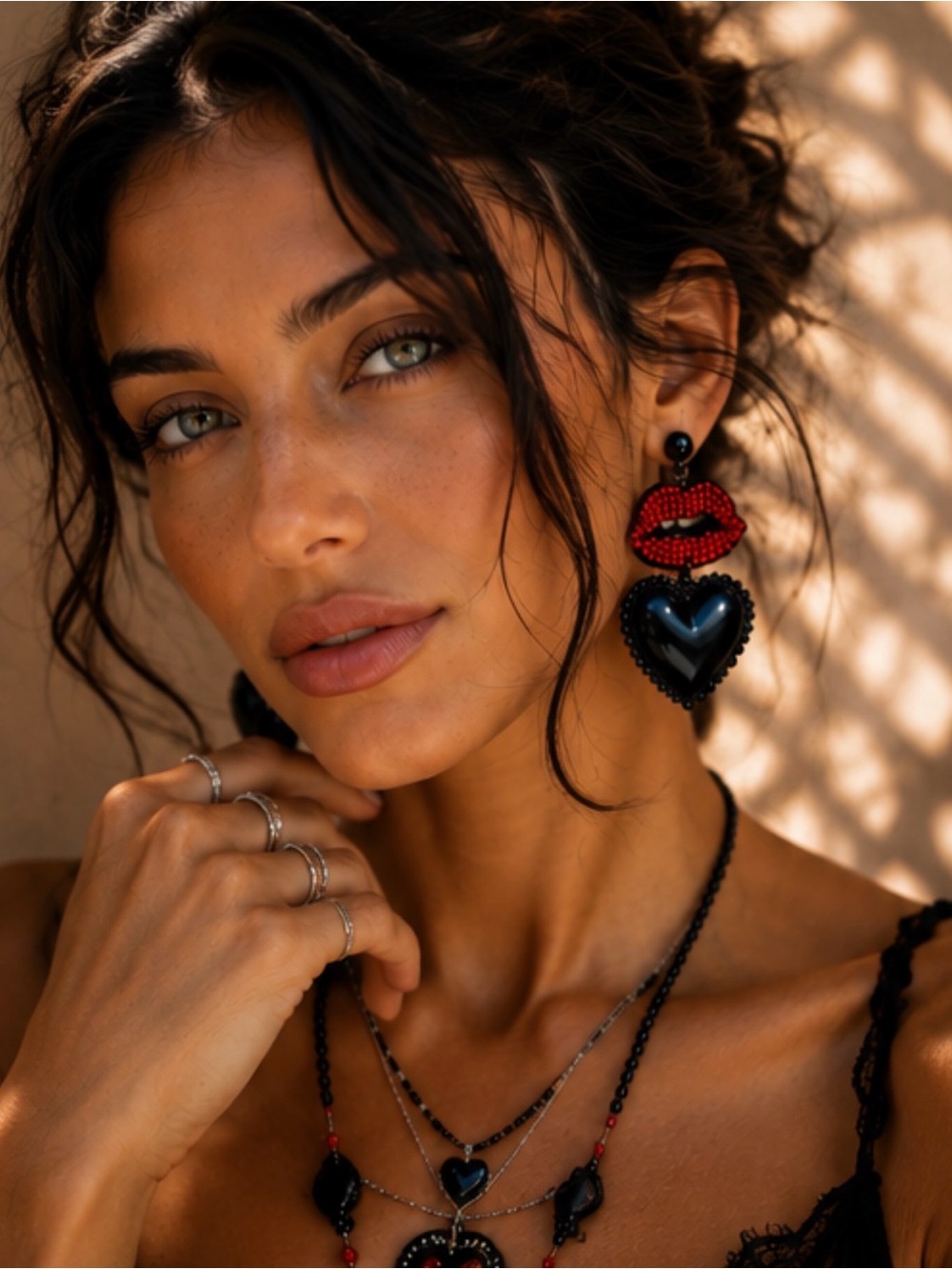 Beaded Red Lips & Black Heart Statement Earrings | 3.5” Lightweight | Kiss &Tell